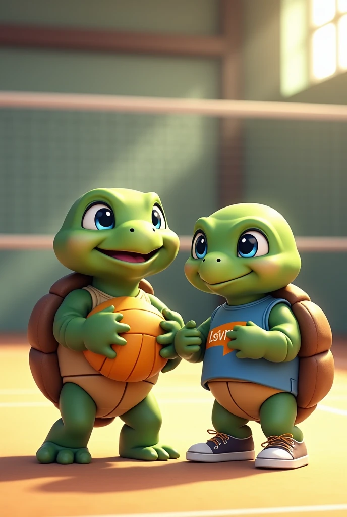 Waku and his friend Tina, are adorable teenage turtles with vibrant green skin and a rich brown shell, looking up with bright blue eyes that shine with excitement, as if celebrating a triumphant spike, they meet on a modern indoor volleyball court, prepared to train volleyball, wearing a small blue sleeveless t-shirt with a stylized orange "lsvm" logo on the chest, his tiny tennis shoes tied and ready for the next serve with a volleyball in his hands, capturing the essence of its joyful and competitive spirit, with soft, warm lighting that casts a comforting glow on the overall scene.