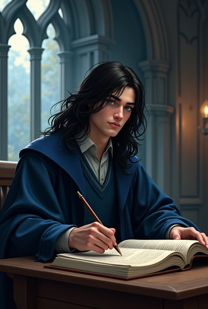 male character studying at Hogwarts, wearing Ravenclaw house clothes, based on the Harry Potter universe. He has long black hair and intelligent blue eyes, a tall and somewhat strong body for his age thanks to his Quidditch training.