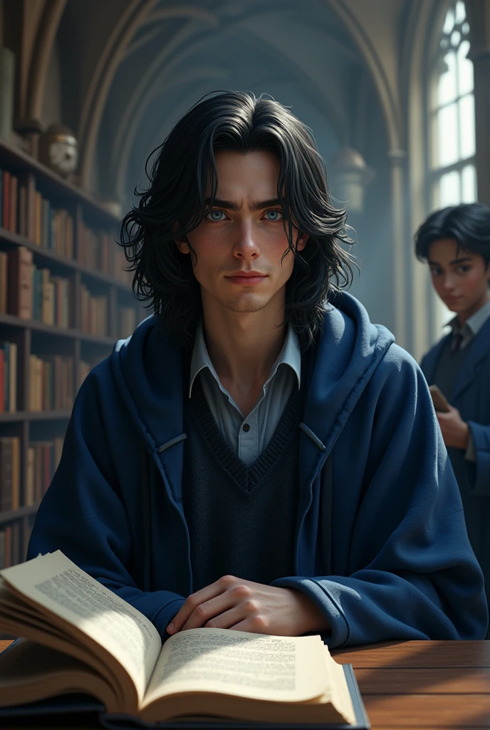  male character studying at Hogwarts, wearing Ravenclaw house clothes, based on the Harry Potter universe. He has long black hair and intelligent blue eyes, a tall and somewhat strong body for his age thanks to his Quidditch training.