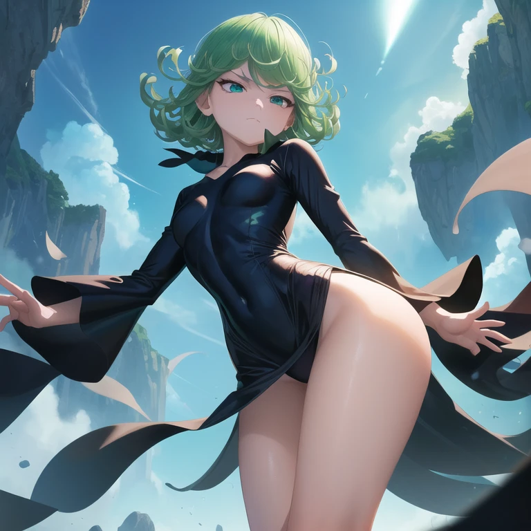 Masterpiece, Best Quality, Ultra Detailed, Illustration, Epic Lighting, Cinematic Composition, 1 Girl, Tatsumaki, Very Small Breasts, Black Dress, Pelvic Curtain, Long Sleeves, Green Eyes, Bright Eyes, Arms Crossed, Pouting, Closed Mouth, Piercing Gaze, Doggy Style Pose, Legs Spread, From Below, Looking At Viewer, Blue Sky, (8k:1.1)