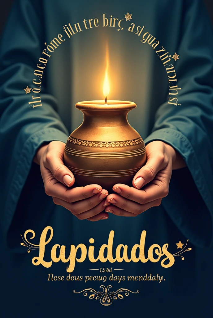 Create a shirt design for a “Lapidated” themed church celebration. Based on the biblical passage from Isaiah
**Design Elements:**
1. **Image Center:**
- A pair of hands modeling a heart or clay vase.
- Includes a subtle glow in the clay to symbolize transformation.
2. **Text:**
- Includes a biblical quote in an elegant font.
- Title: "Lapidados" highlighted in a robust font.
3. **Cores:**
- Use shades of brown and blue to convey calm and spirituality.
4. **Decorative Elements:**
- Small sparks or stars around the clay.
Coloque as frases tem uma blusa em português Brasil
Retire o coração e coloque um vaso de barro com cores douradas
Imagens realistas com mãos de um oleiro
