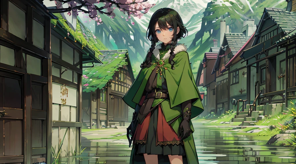 yuichiro hyakuya girl, (WithoutFear:1), 1 girl, black hair, green eyes, brown coat, gray armor, elves, sylvan, green shield, green cloak, dark brown gloves, forest, white fur trim, anime, standing, good quality, portrait, looking at viewer