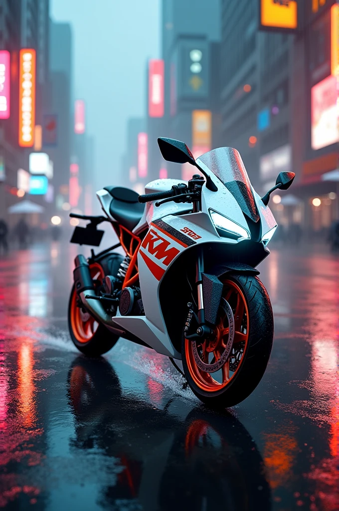 White Ktm 390 bike in cyberpunk neon city with peal and orange colours in the rain