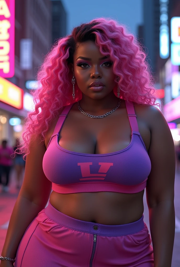Realistic style plus size baddie coco skin tones with pink and purple crop top with L on it and skirt with long curly pink hair with city lights in the background