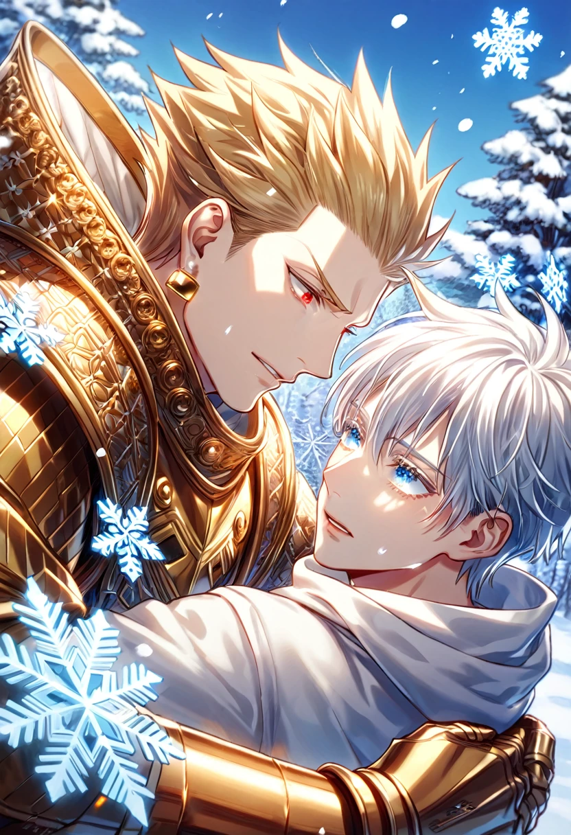 absurdres, highres, ultra detailed, HDR, master piece, best quality, extremely detailed, detailed eyes, detailed face, Gilgamesh, blonde hair, slicked up, ruffled hair, golden earrings, expressive red eyes, Fate Stay Night, Gojou Satoru, white hair, expressive blue eyes, white eyelashes, a adult man together with a boy of , yaoi, gay couple, handsome, fantasy, golden armor, white hoodie, winter, flowers, snow, snowflakes, snowing, magical forest, dark fantasy, blue sky, Jujutsu Kaisen