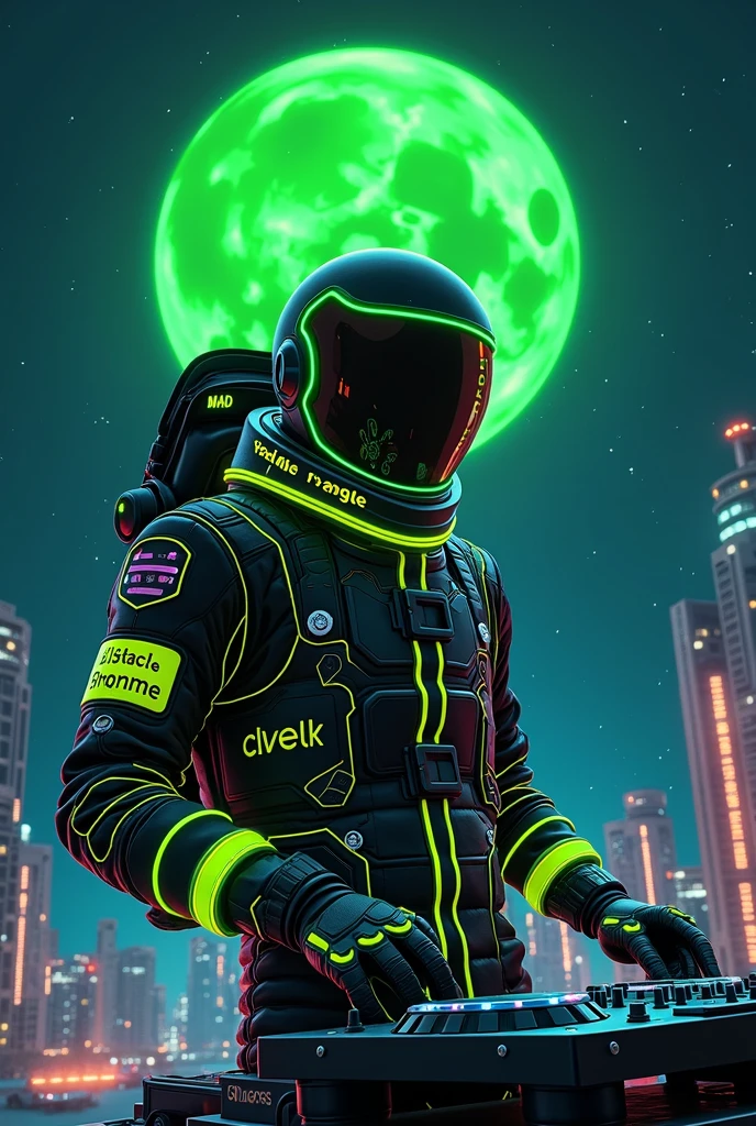 manga japanesse cartoon of a fluorescent green-black color moon spaceman dj , add the text ¨Rick D´Angle ¨ to the image , totally night view photo with ultra open wide lens photo technic, octane rendering, 8192k ultra hifi