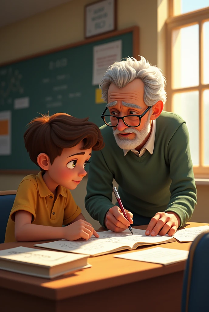 An elderly teacher, Mr. Harrison, patiently explaining a math problem to Alex in a calm, supportive environment.