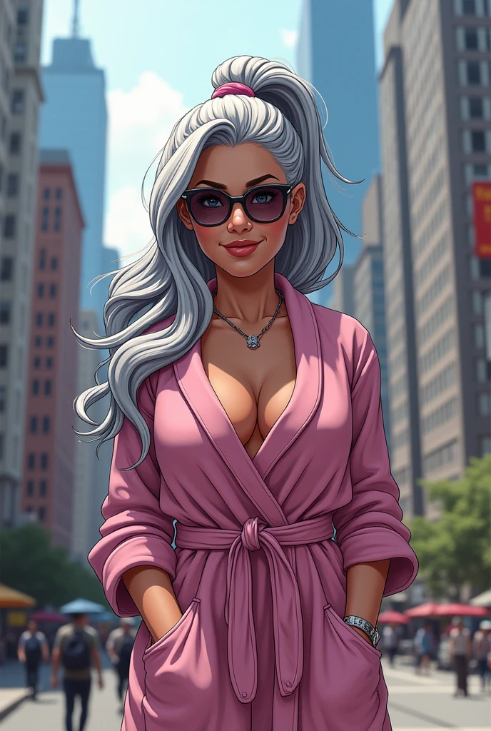 A beautiful youthful looking Hispanic version of Ariana Grande as a 50 years old woman with long her completely gray hair in a ponytail styles as the superhero Daisy Johnson from Agents of S.H.I.E.L.D with blue eyes wearing sunglass wearing a bathrobe in a city downtown with many skyscraper nearby she is smiling for the camera
