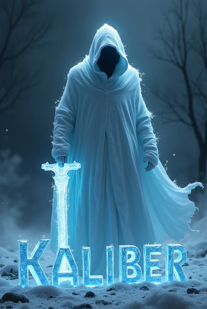 Mysterious ice man, Ice hoodie, ice sword in hand, darn gloomy background, with the word kaliber under it in blue icy letters, hyper realism, logo