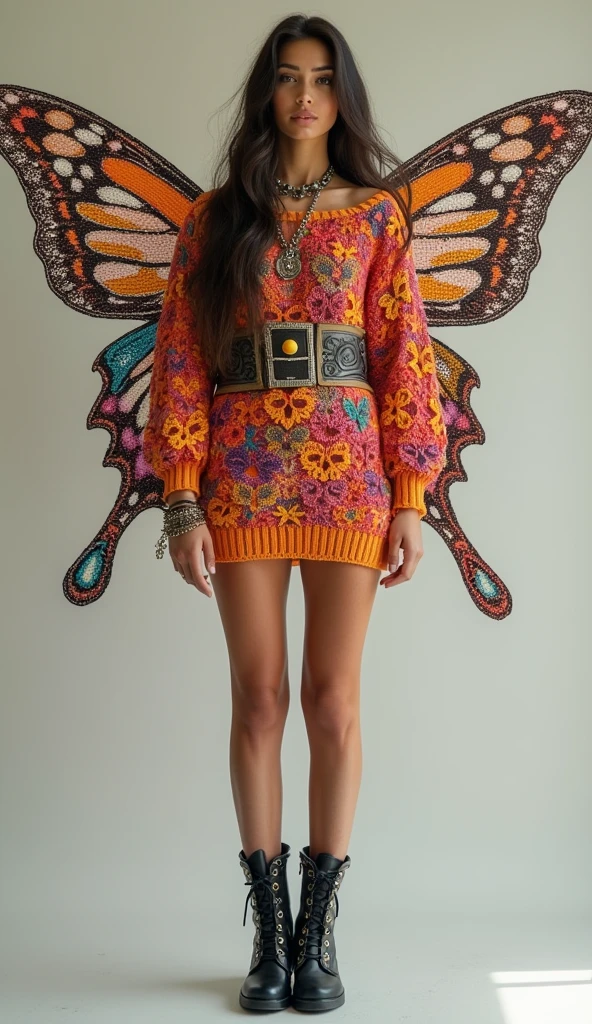 a woman with knitted crochet sweater, butterfly for women size 3xl, alone, a woman insect, jewelry, butterfly, belt, long hair, boots Gucci, full body