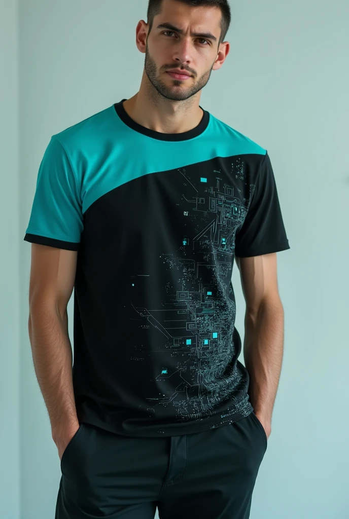 Black and turquoise t-shirt with small designs of systems and software on the front