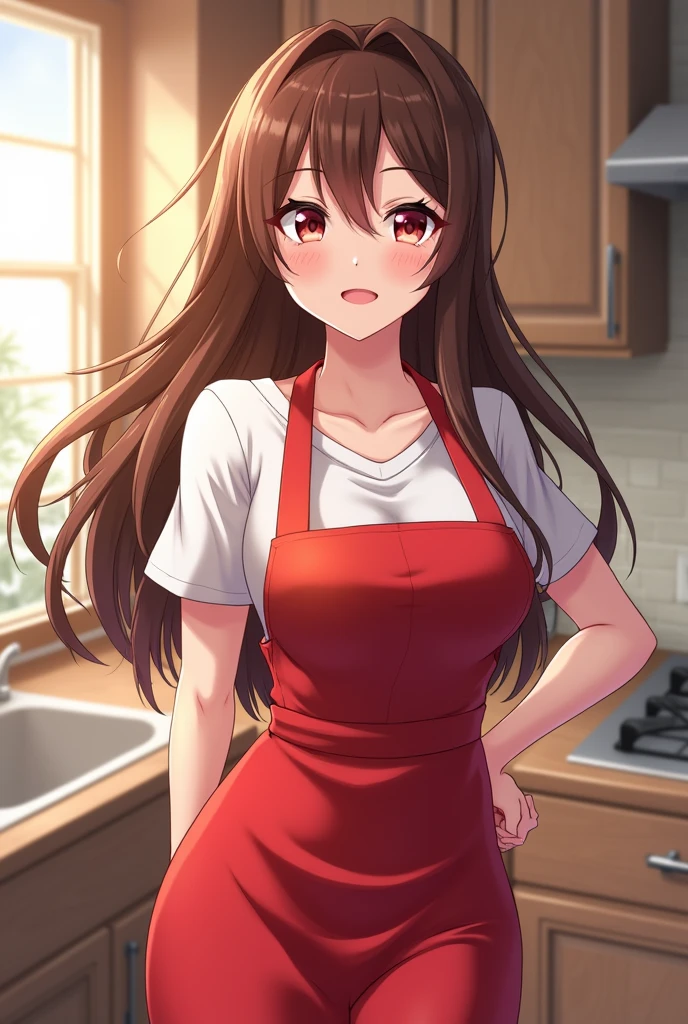 Anime Housewife with long brown hair, red apron and red eyes 2, smiling, curvy and big cup size, skinny waist