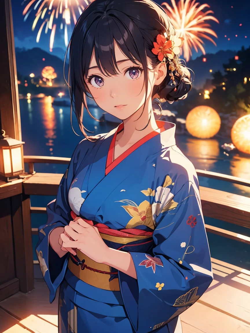 1 personの,, masterpiece, Very detailed, figure, Game CG, Absurd, high quality, (1 person), (Medium chest), Beautiful attention to detail, Glossy Lips, Natural light, Navy blue yukata、firework、fireworkに照らされた笑顔、Night view、（Above the shoulders:1.4）、Black Hair、Shortcuts、（Backlight）、（Turning back and looking up:1.2）、（Top view）