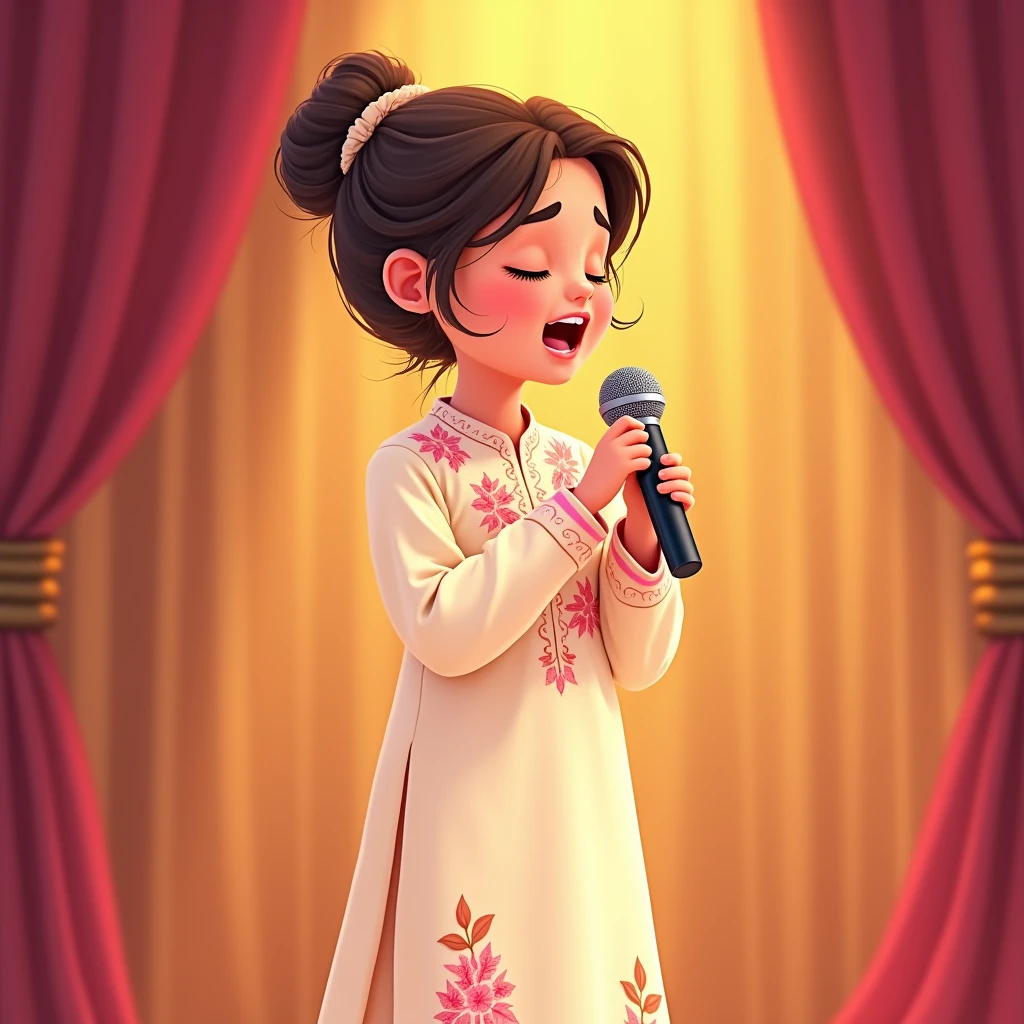 Lily, (highest quality, 4k, masterpiece:1.3), A young Pakistani Muslim girl wearing a traditional cream shalwar kameez with pink floral embroidery. Her hair is styled in a neat bun with loose strands framing her face, as seen in previous images. She stands in a side profile, holding the microphone close to her mouth, eyes closed as she sings passionately. The image is in a 2D animation style, with bright colors, cartoonish features, and soft, smooth shading. The background shows soft curtains, warm stage lighting, and a playful, joyful atmosphere. Clear outlines, simple textures, and an illustrated, digital painting look. (Cream shalwar kameez, pink floral embroidery, consistent outfit:1.3), (same hairstyle as before:1.3), (microphone in hand:1.3), (microphone always visible:1.3)