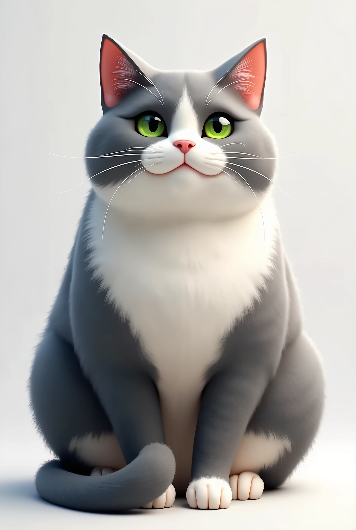 Adult white and gray cat with ears, back and tail lead Do it with more gray With green eyes/light yellow and fatter Without stripes, that is monochromatic Short hair