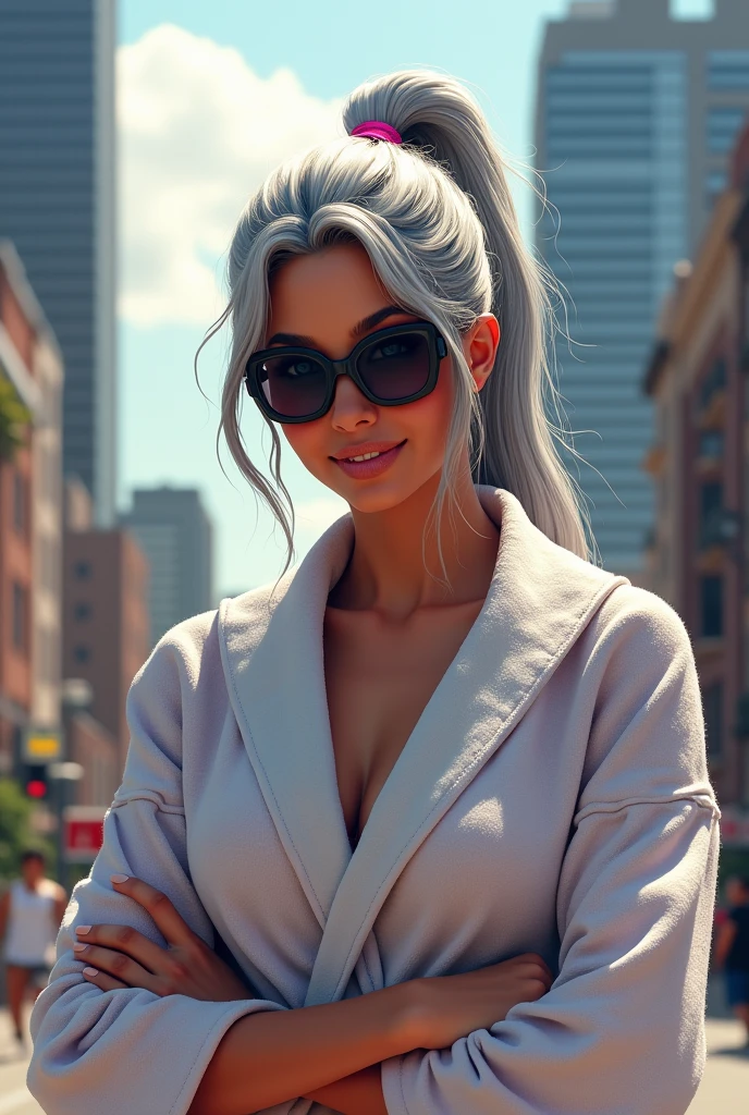 A beautiful youthful looking Hispanic version of Ariana Grande as a 50 years old woman with long her completely gray hair in a ponytail styles as the superhero Daisy Johnson from Agents of S.H.I.E.L.D with blue eyes wearing sunglass wearing a bathrobe in a city downtown with many skyscraper nearby she is smiling for the camera