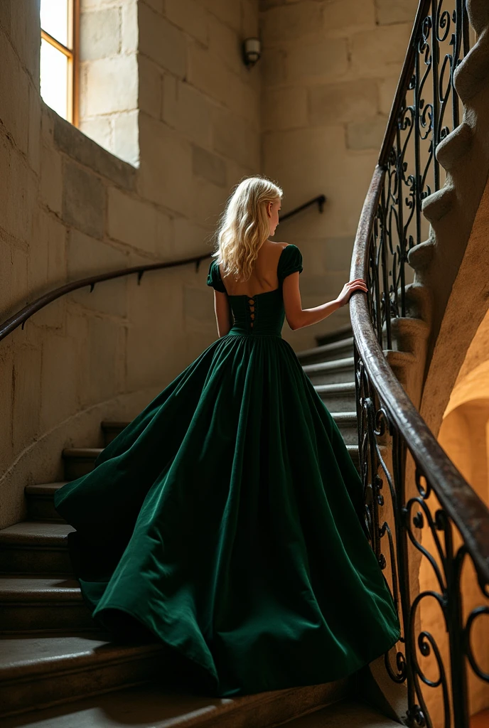 Femme blonde en robe de bal en velours vert sombre, descendant un escalier en colimaçon dans un château médiéval, l'architecture imposante contrastant avec sa grâce et son élégance