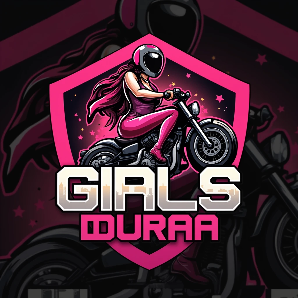 Create a logo that captures the essence of the following keywords: sexy, liberal, magic, Dura, open, using a color palette that includes pink, ?????, red, with a touch of rainbow. The logo should feature a girl on a motorcycle, wearing helmet, with a powerful and confident attitude. The composition must be visually striking, fusing elements of sensuality and freedom, with a design that conveys both strength and a magical touch.