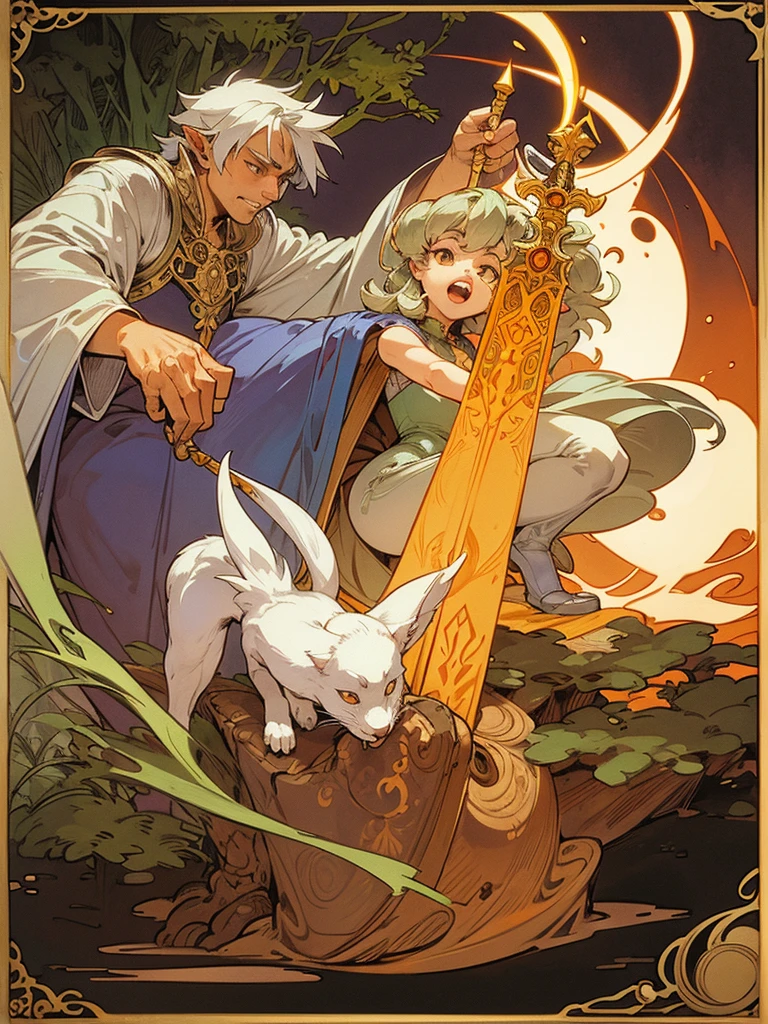 Mucha style , furry , Adventure fantasy, the magician old silver wolf , with the droopy-eared swordsman orange rabbit girl , The Swordsman supports the Magician while he is casting a spell.