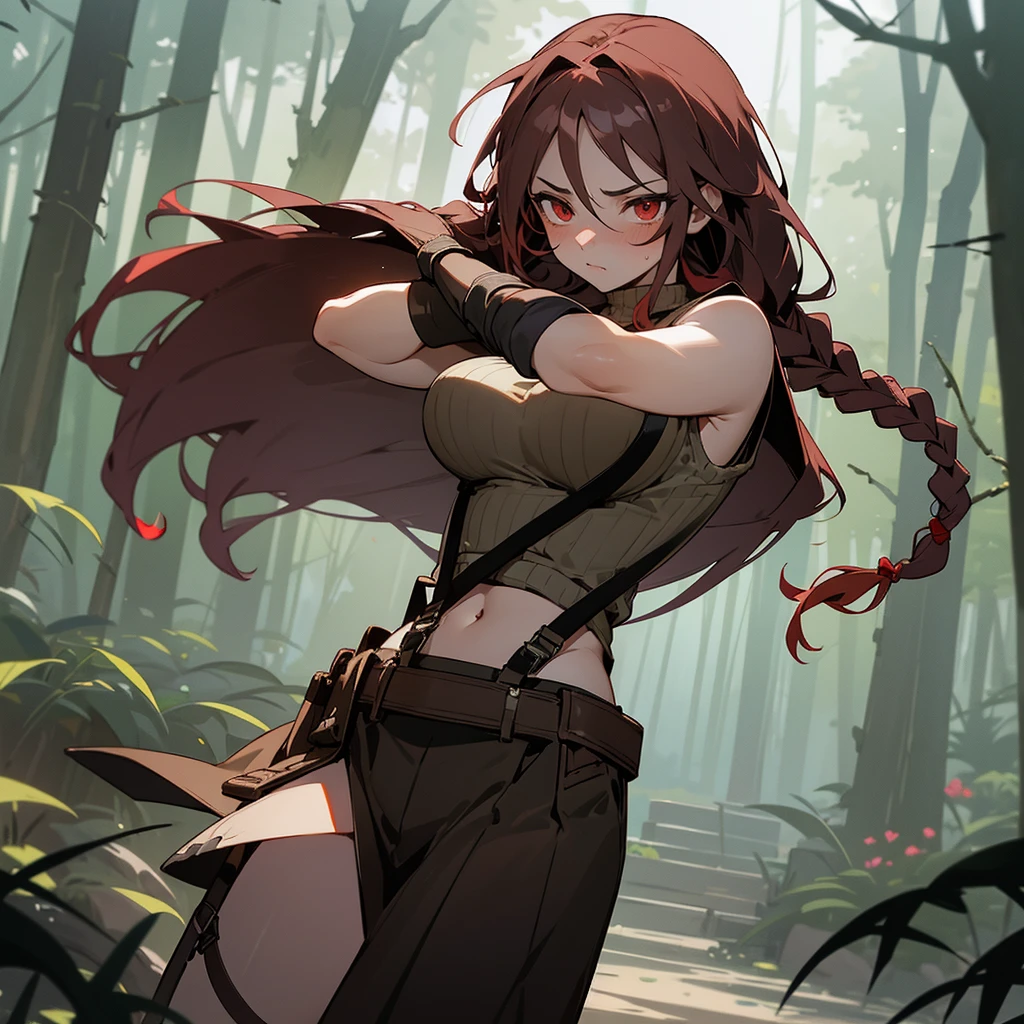 1female, sexy, big breast, young adult, finely detailed red eyes, wild long hair, braided hair, dark brown color hair, adventurer gear, suspenders, sleeveless crop top sweater, baggy combat skirt, night time, dark forest, somber expression, flowers, blushing, standing on path, lanturns, black armband, mma gloves