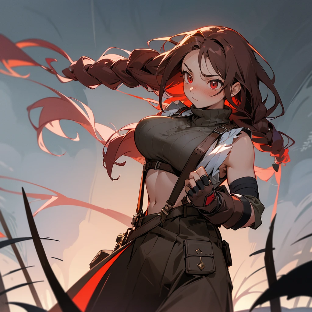 1female, sexy, big breast, adult, finely detailed red eyes, wild long hair, braided hair, dark brown color hair, adventurer gear, suspenders, sleeveless crop top sweater, baggy combat skirt, night time, dark forest, somber expression, flowers, blushing, standing on path, lanturns, black armband, mma gloves