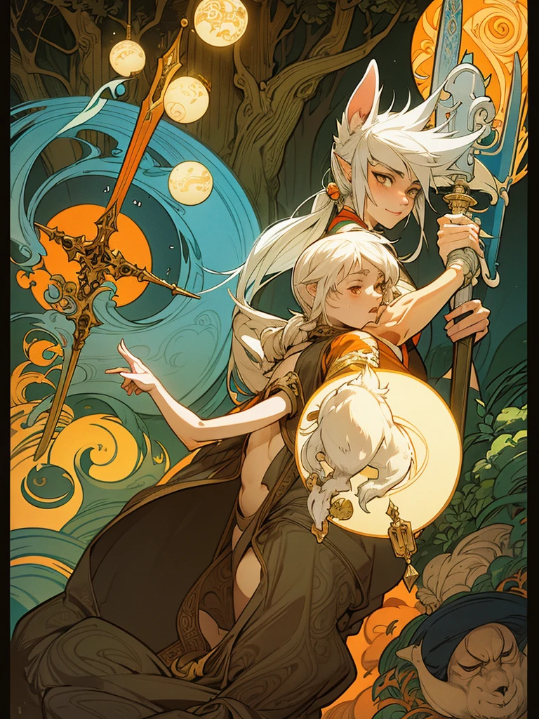 Mucha style , furry , Adventure fantasy, the magician old silver wolf , with the droopy-eared swordsman orange rabbit girl , The Swordsman supports the Magician while he is casting a spell.