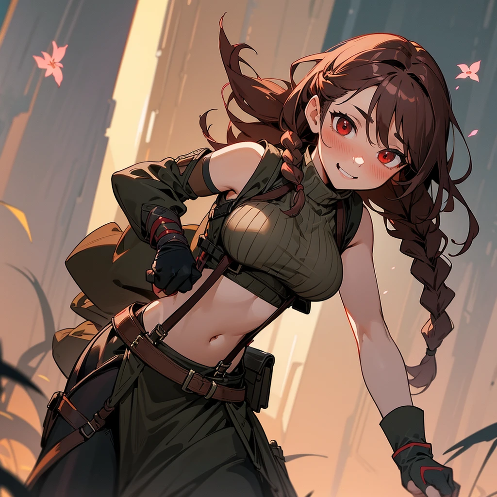 1female, sexy, big breast, adult, finely detailed red eyes, wild long hair, braided hair, dark brown color hair, adventurer gear, suspenders, sleeveless crop top sweater, baggy combat skirt, night time, dark forest, happy expression, flowers, blushing, standing on path, lanturns, black armband, mma gloves