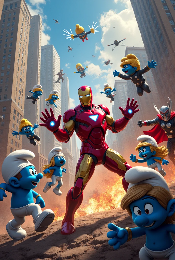Marvel Minions attacking the DC Smurfs