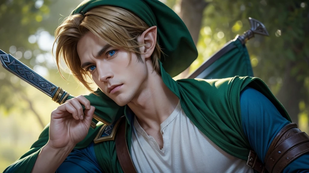 "A detailed portrait of Link from The Legend of Zelda, focusing on his upper body without his iconic green hat. Link stands confidently, with his shoulders squared and his head slightly tilted, giving him a determined yet calm expression. His hair is longer than usual, flowing just past his shoulders, with soft, golden strands framing his face. He is wearing his classic green tunic, the fabric slightly textured and worn from countless adventures. His Hylian Shield is slung over his back, and the Master Sword’s hilt is visible at his side. His gloved right hand is resting on the hilt, ready to draw it at a moment’s notice. His bright blue eyes are filled with resolve, and his expression reflects his unwavering courage."