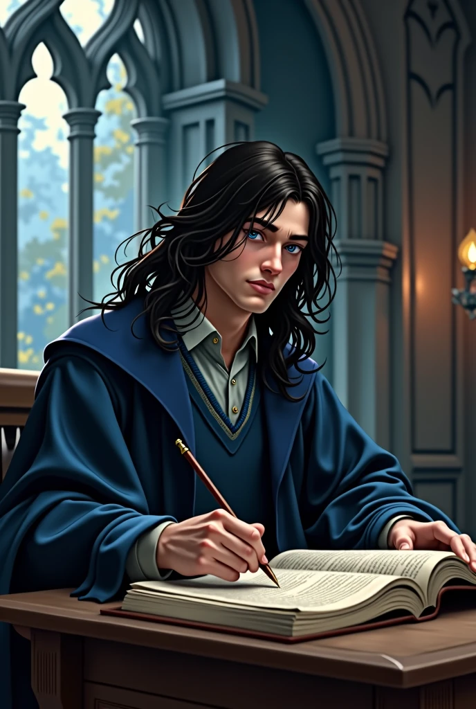  male character studying at Hogwarts, wearing Ravenclaw house clothes, based on the Harry Potter universe. He has long black hair and intelligent blue eyes, a tall and somewhat strong body for his age thanks to his Quidditch training.
