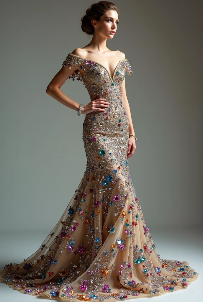 European woman model with hairstyle wearing luxurious long dress with colorful rhinestones. Show the whole dress.