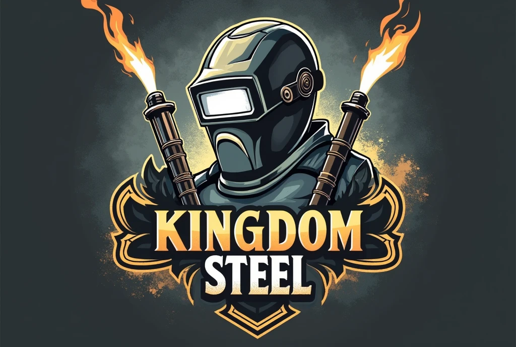 Make a logo saying kingdom steel with a welding mask and two mig welding torches 