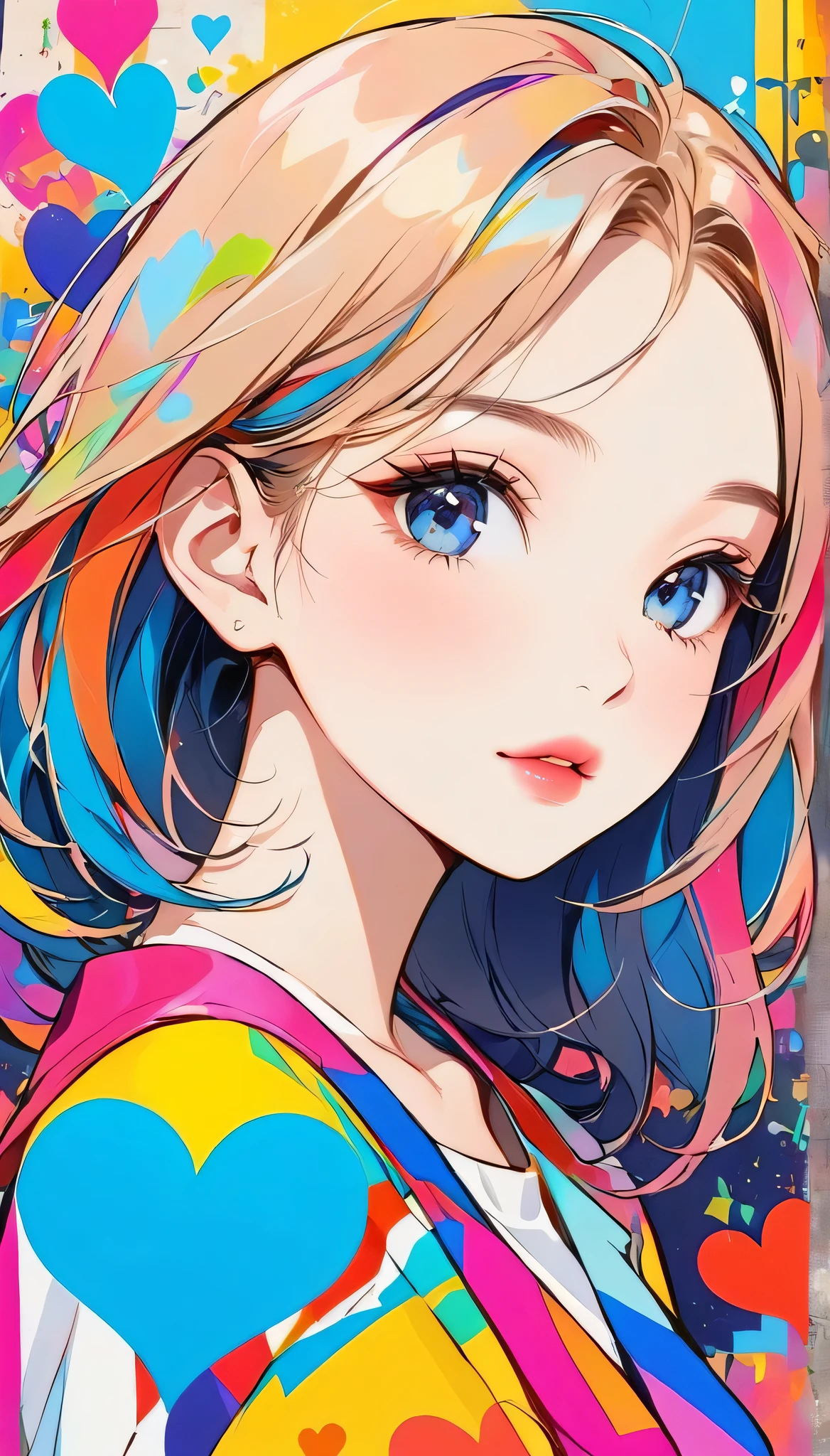 Mika Pikazo colorful style, Simple Line Initialism,Abstract art,Urban Background, (((The most beautiful girl of all time))), Sweet face. Lips in love, colorful hearts, stylish design