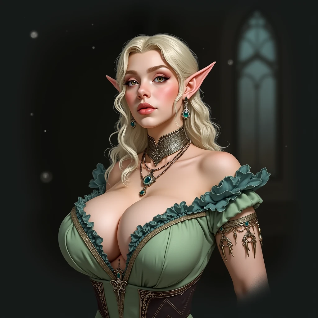 Elven magician ca. 20 years with only slightly pointed ears. huge breasts. Huge breasts. Platinum blonde, curly hair down to the hips. necklaces, ear rings, Piercing in the belly button. full body picture.
