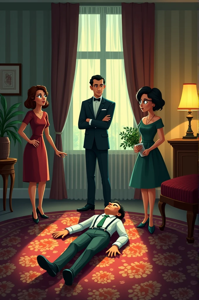 gardener a cleaning lady a very elegant butler an elegant woman and a dead man with his eyes closed lying on the floor of the living room in his mansion everyone fighting and looking scared and everyone next to the body images of cartoon characters