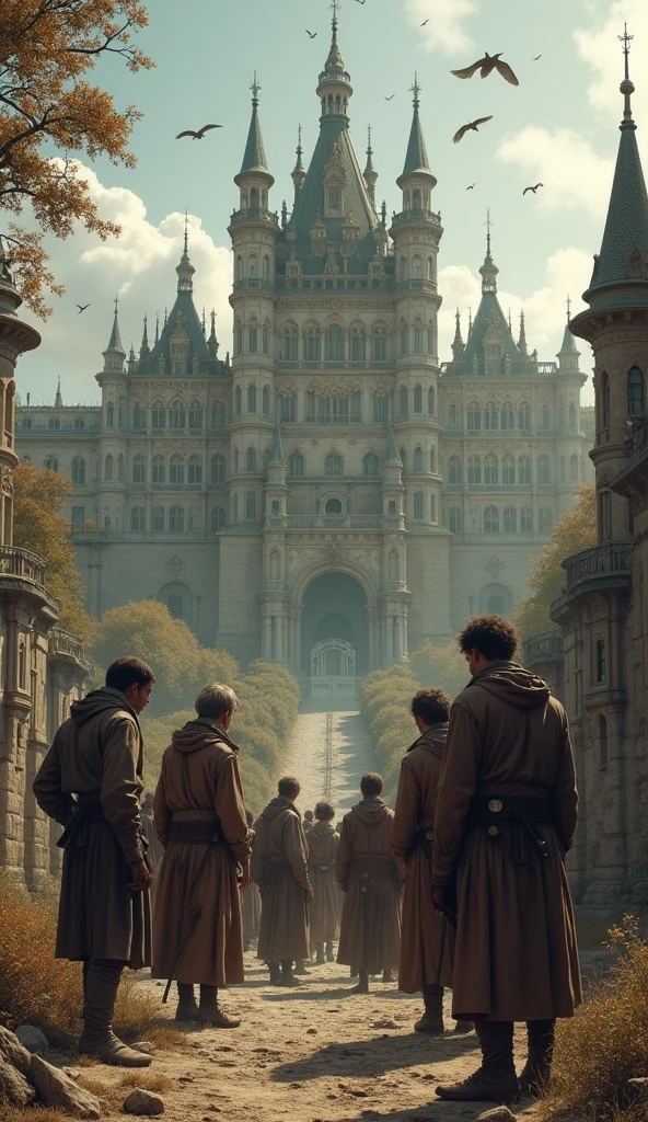 "Image of starving and impoverished French peasants in front of an opulent castle, symbolizing social injustice."