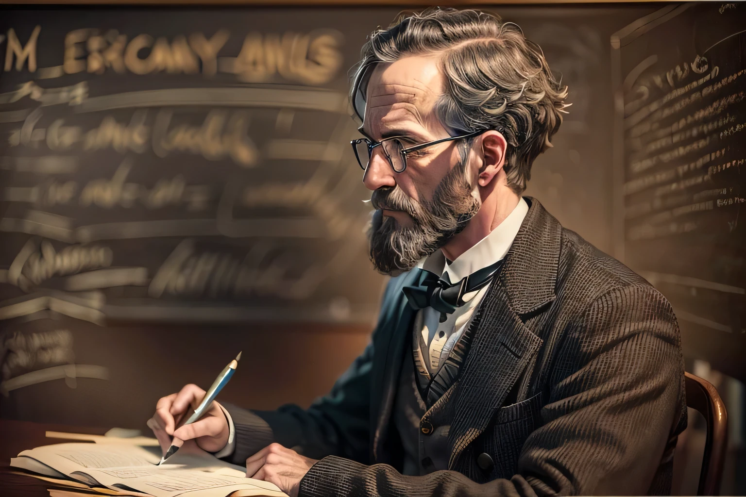 image of William James dressed as a teacher on a university, he is teaching psychology, looking at viewers, black board filled with knowledge of psychology, he is writing on the black board