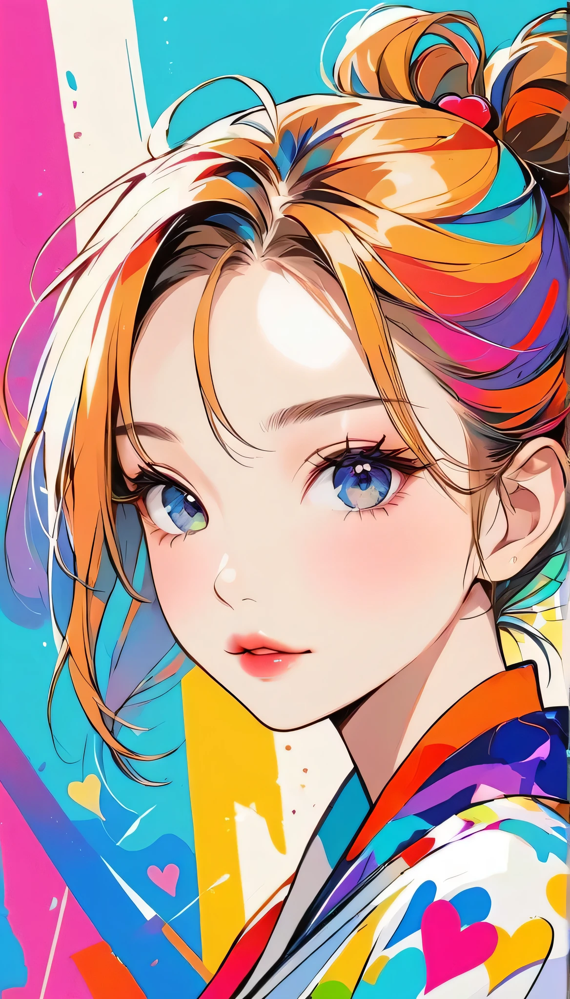 Mika Pikazo colorful style, Simple Line Initialism，Abstract art，Urban Background, (((The most beautiful girl of all time))), Sweet face. Lips in love, colorful hearts, stylish design