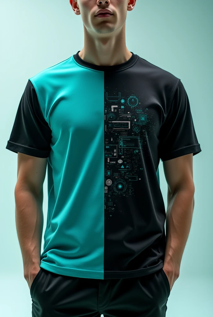 Black and turquoise t-shirt with small designs of systems and software on the front