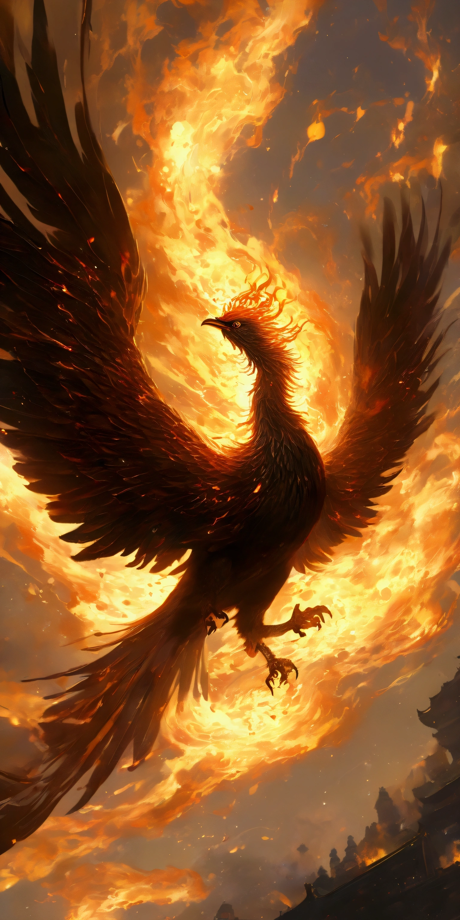 solo,The mythology bird Phoenix also known as the Fenghuang is a divine figure bird with a body made of beautiful flames, the whole area is in great flames and raining fire, burning everything down and starting all over again, the ruler of reincarnation and eternity, behind it a pitch-black space will be left and everything will burn up, a dazzling light will remain and a new life will begin,(dynamic angle:1.5),from below,long shot, you can see the planet\(Earth\) burning