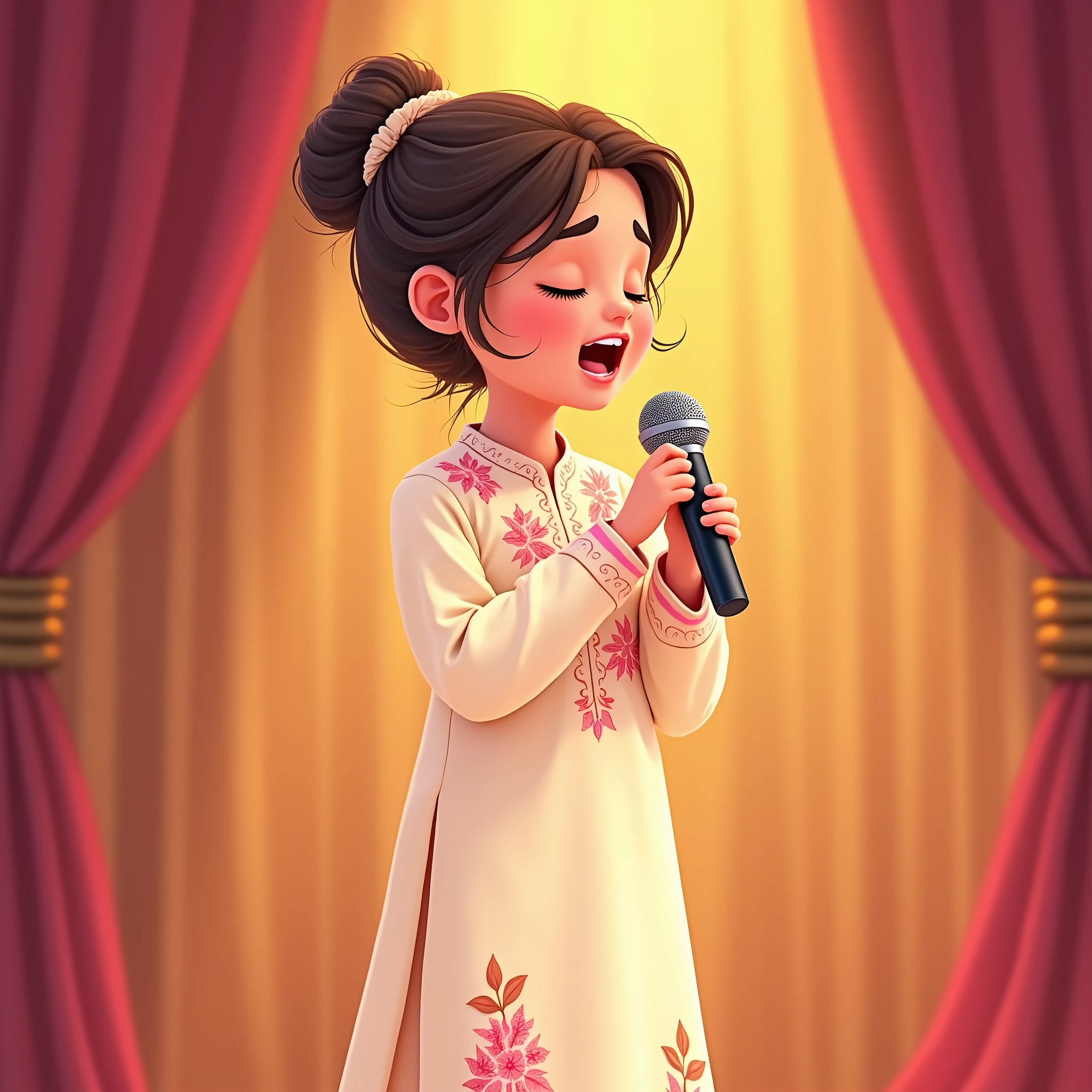 Lily, (highest quality, 4k, masterpiece:1.3), A young Pakistani Muslim girl wearing a traditional cream shalwar kameez with pink floral embroidery. Her hair is styled in a neat bun with loose strands framing her face, as seen in previous images. She stands in a side profile, holding the microphone close to her mouth, eyes closed as she sings passionately. The image is in a 2D animation style, with bright colors, cartoonish features, and soft, smooth shading. The background shows soft curtains, warm stage lighting, and a playful, joyful atmosphere. Clear outlines, simple textures, and an illustrated, digital painting look. (Cream shalwar kameez, pink floral embroidery, consistent outfit:1.3), (same hairstyle as before:1.3), (microphone in hand:1.3), (microphone always visible:1.3)