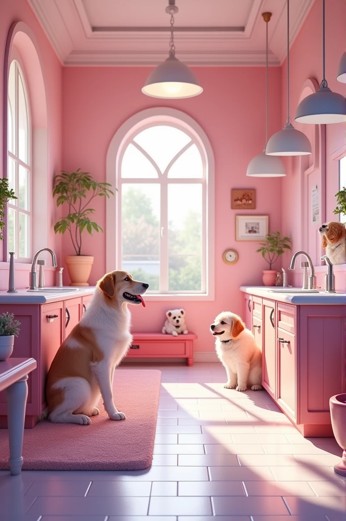 Positive customer feedback for a dog grooming center, cage free environment, cute and focused on lilac and pink colors 