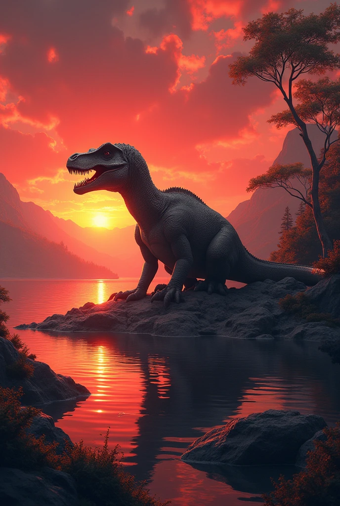 A dinosaur sitting on a rock near a lake during a red sunset