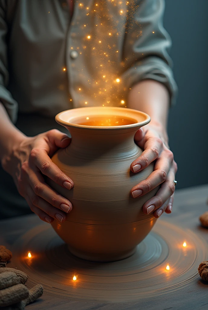 Create a shirt design for a “Lapidated” themed church celebration. Based on the biblical passage from Isaiah 

**Design Elements:**

1. **Image Center:**
   - A pair of hands modeling a heart or clay vase.
   - Includes a subtle glow in the clay to symbolize transformation.

2. **Text:**
   - Includes a biblical quote in an elegant font.
   - Title: "Lapidados" highlighted in a robust font.

3. **Cores:**
   - Use shades of brown and blue to convey calm and spirituality.

4. **Decorative Elements:**
   - Small sparks or stars around the clay.

Coloque as frases tem uma blusa em português Brasil

Retire o coração e coloque um vaso de barro com cores douradas

Imagens realistas com mãos de um oleiro 

Retire o texto bíblico