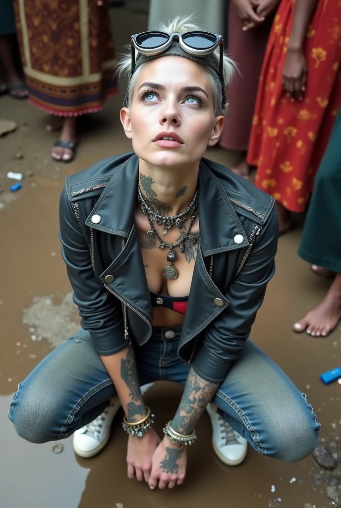russian milf woman, grey hair (top bun, shaved sides), oversized maxi sunglasses as headband, with very light blue eyes, extremely pale skin. Wearing cropped aged black moto jacket with lots of zippers and pins, flipped up collar. Worn skinny dark low rise blue jeans with patches, wet knees. Black and red tight push up bra, Dirty White tennis sneakers, with bracelets around ankles. Chain around hips like belts. Dirty knees, dirty feet and muddy hands. Wide studded belt. Lots of metallic bracelets, lots of boho pendants and lots of colourful beads collars.. Chains around the hips. Squatting on a puddle with hands on her hips, looking up, chin up, stretching her neck , needy facial expression. Both hands caressing her long neck. Bracelets in ankles and rings in fingers. Black nail polish. studded black leather tote bag with chain on the floor, next to her.. Listening looking up in amazement to somebody speaking to her from the sky, upper teeth visible. Well toned abdominals, thin neck, slim legs and thin arms. Narrow hips Cleavage, stomach, neck, tigh and hands completely covered with tattoos. Dirt street in Kenyan village full of waste. A lot of tanned fat women in traditional dresses around looking at her. next to her, all her belongings scattered on the floor: tobacco packs, makeup kit, little makeup mirror, studded black leather tote bag, lipstick, wallet, moble etc on the floor, point of view; from above