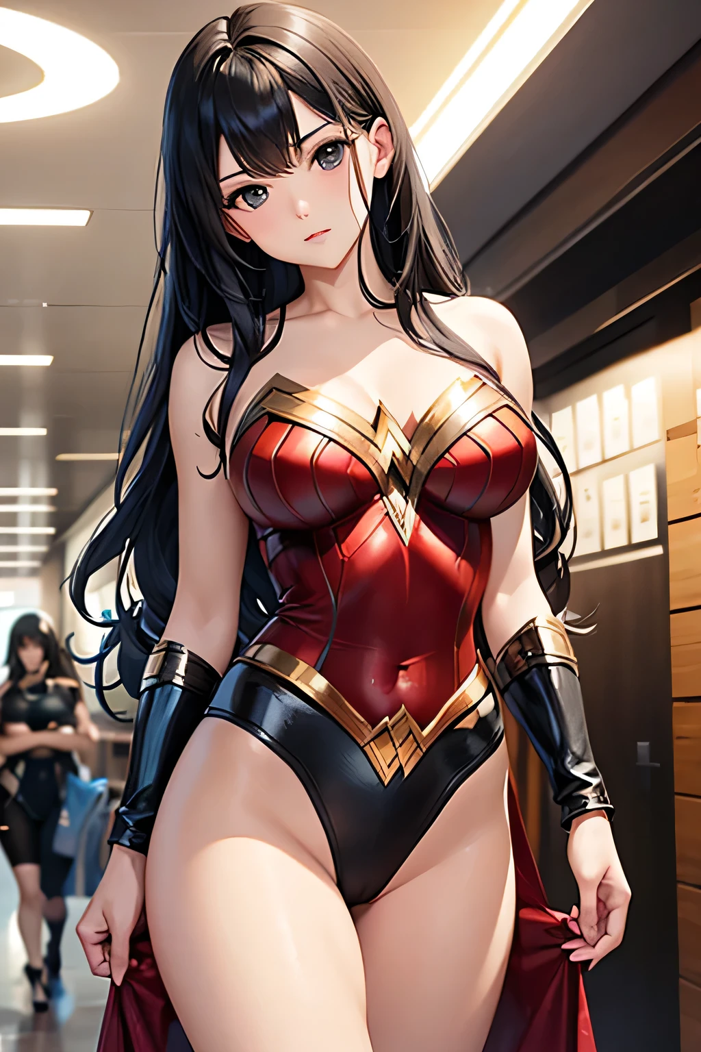 Adult women、Black Hair、Black eyes、Long Hair、Big Breasts、Wonder Woman's Leotard、In town、Sexy pose