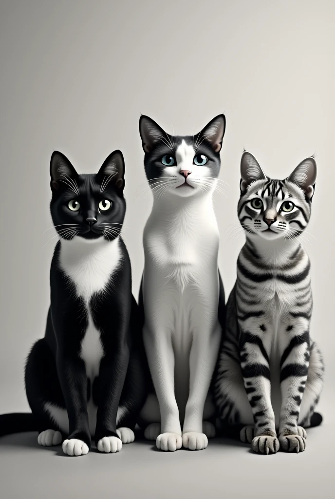 black and white cat beside a siamese cat and a grey tabby cat.