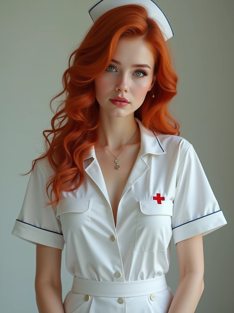redhead woman as nurse , with breasts clearly visible .