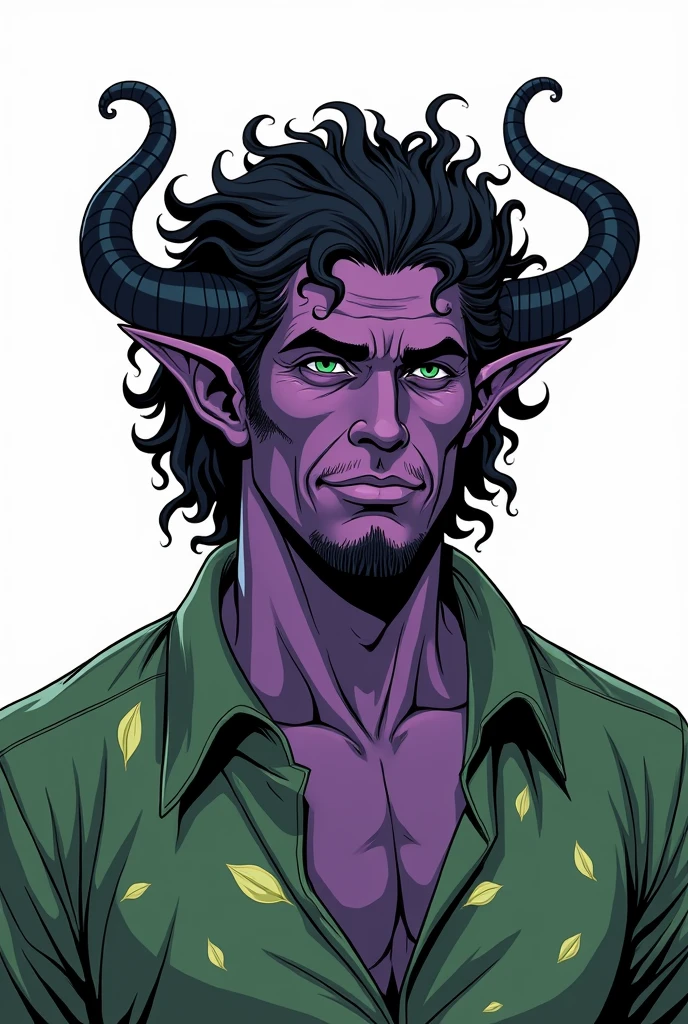 Create a mature tiefling druid with purple skin and small, curled horns that are black. He has a lot of time, curly hair and wears a green shirt with leaf patterns. He must have a clean-shaven face, reflecting wisdom and composure, with defined features and a subtle, confident grin. Make sure the art maintains the classic comic book style with bold outlines, flat-colors, and mature proportions. Focus on avoiding any anime-like qualities and emphasize a sophisticated, mature appearance, white background