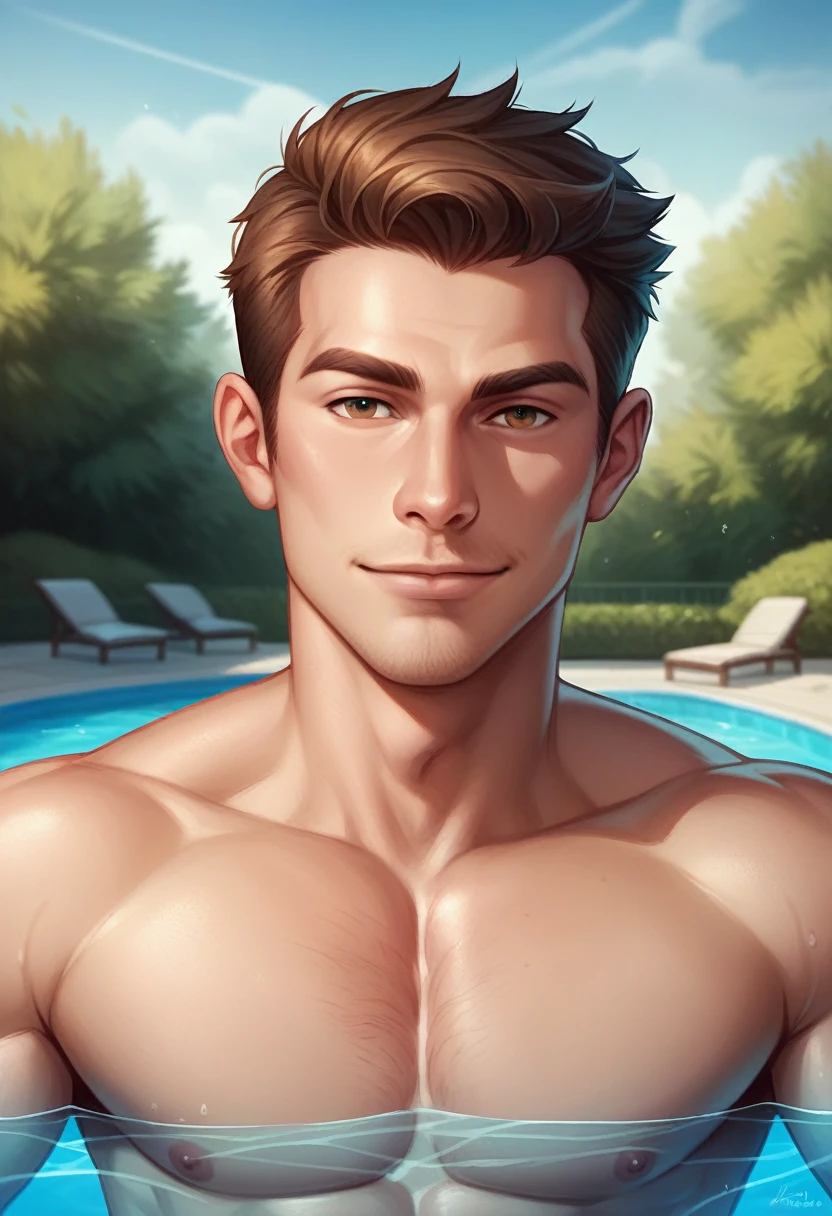 1boy,muscular,best quality,extremely detailed,CG,unity 8k wallpaper,solo,looking at viewer,realistic,palace,whiskers,manhood,(2),face focus,male focus,DoctorMike,handsome face,topless,poolside,